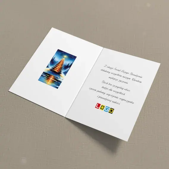 Kartka świąteczna z logo BN1-436 Rozjarzona jodła i tafla lodu, wnętrze