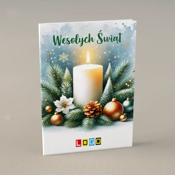 Kartka świąteczna z logo BN1-440 Płonąca świeca i szyszki, przód