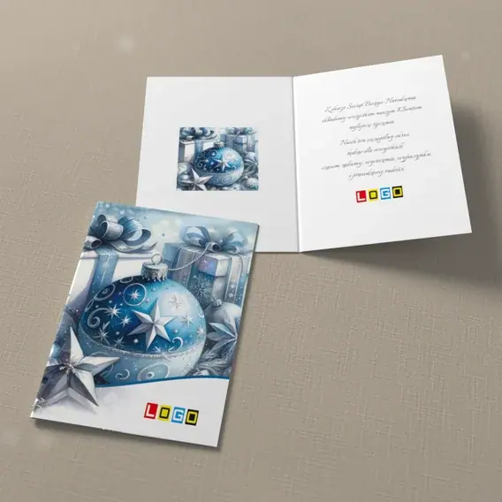 Kartka świąteczna z logo BN1-449 Zimne kule i szare pakunki, widok ogólny