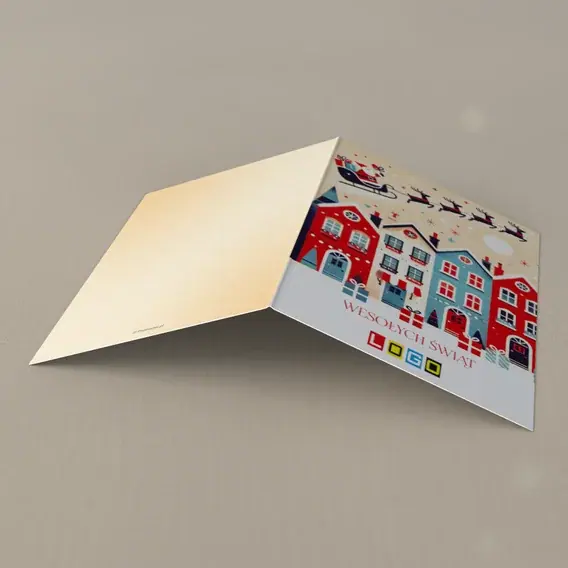 Kartka świąteczna z logo BN1-452 Sanie Mikołaja nad kamienicami, tył