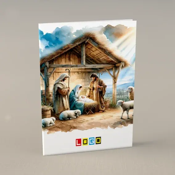 Kartka świąteczna z logo BN1-457 Słomiany dach nad Dzieciątkiem, przód
