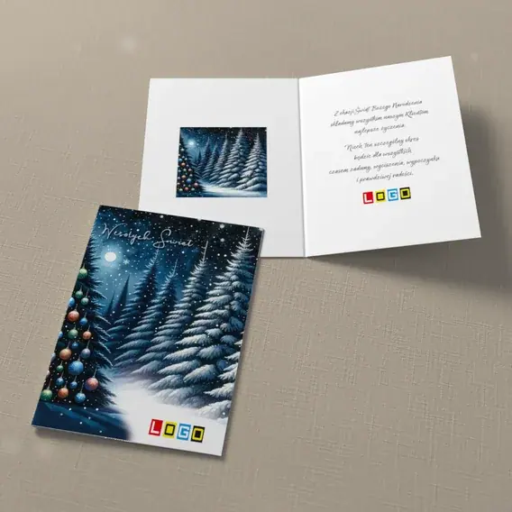 Kartka świąteczna z logo BN1-459 Nocny las i barwne bombki, widok ogólny