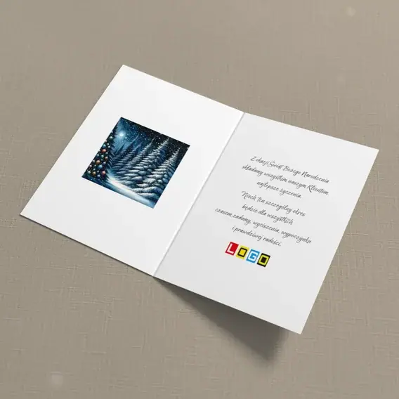 Kartka świąteczna z logo BN1-459 Nocny las i barwne bombki, wnętrze