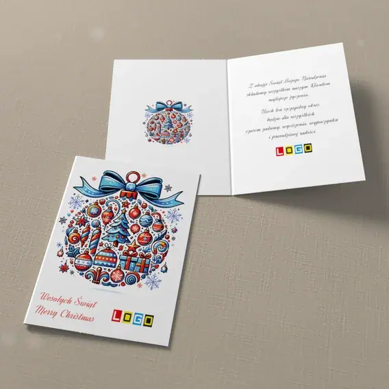 Kartka świąteczna z logo BN1-461 Świece i paczki w kuli, widok ogólny