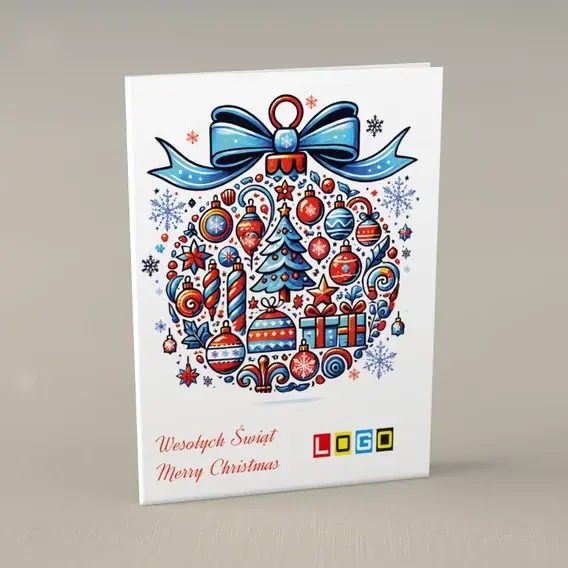 Kartka świąteczna z logo BN1-461 Świece i paczki w kuli, przód