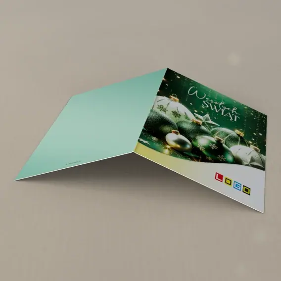 Kartka świąteczna z logo BN1-466 Bombki z płatkami i gładkie, tył