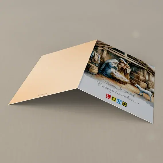 Kartka świąteczna z logo BN1-469 Szopka z deskami i sianem, tył