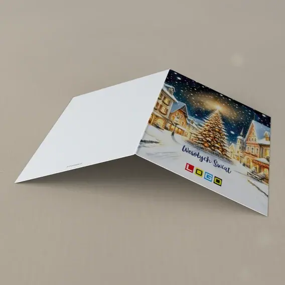 Kartka świąteczna z logo BN1-470 Ośnieżone kamienice po zmroku, tył