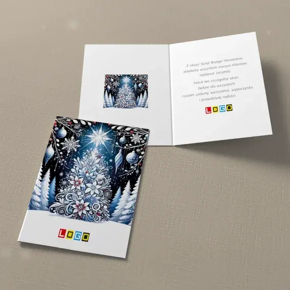 Kartka świąteczna z logo BN1-472 Ornamentowe drzewko na granacie, widok ogólny