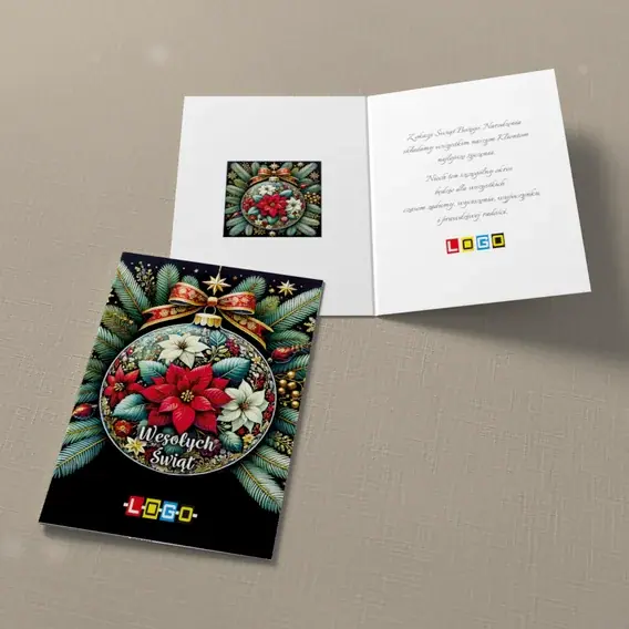 Kartka świąteczna z logo BN1-479 Ozdoba w kwiatach i igłach, widok ogólny