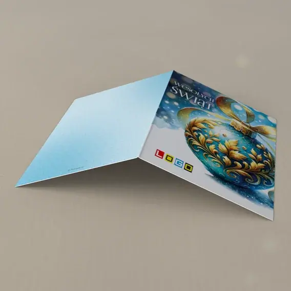 Kartka świąteczna z logo BN1-484 Błękitna kula w liściach, tył
