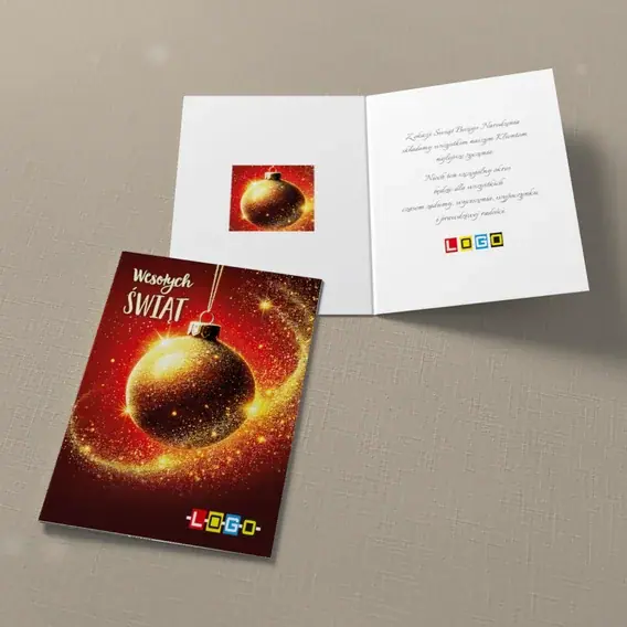 Kartka świąteczna z logo BN1-486 Rubinowa bombka z poświatą, widok ogólny