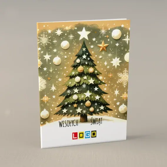 Kartka świąteczna z logo BN1-490 Oliwkowa jodła z gwiazdkami, przód