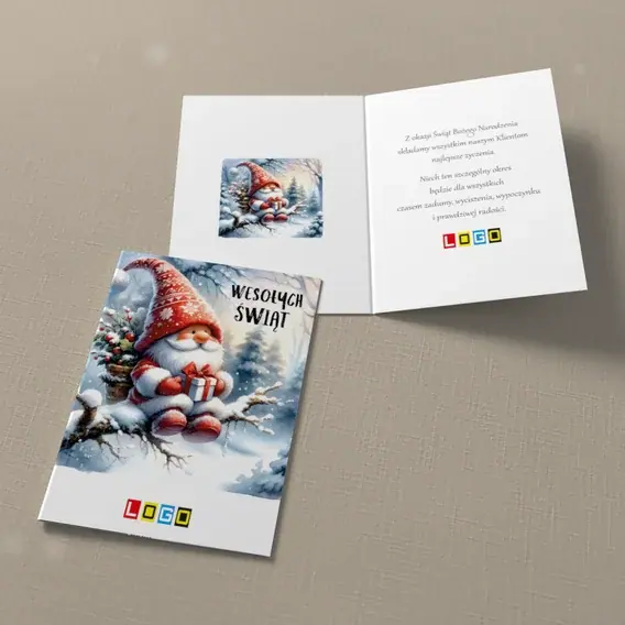 Kartka świąteczna z logo BN1-492 Skrzat na ośnieżonym konarze, widok ogólny