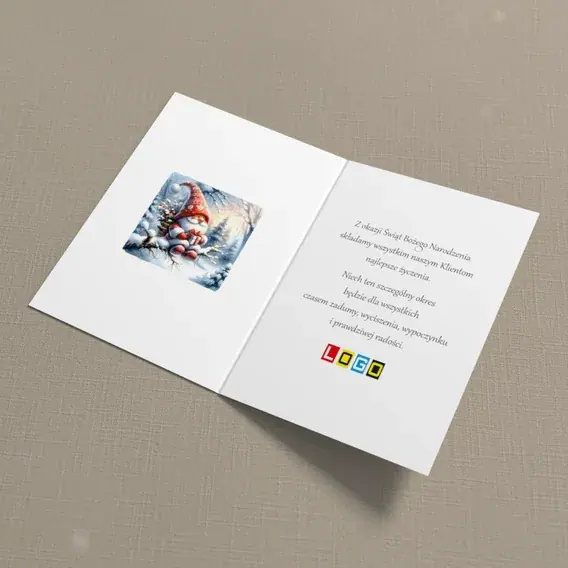 Kartka świąteczna z logo BN1-492 Skrzat na ośnieżonym konarze, wnętrze