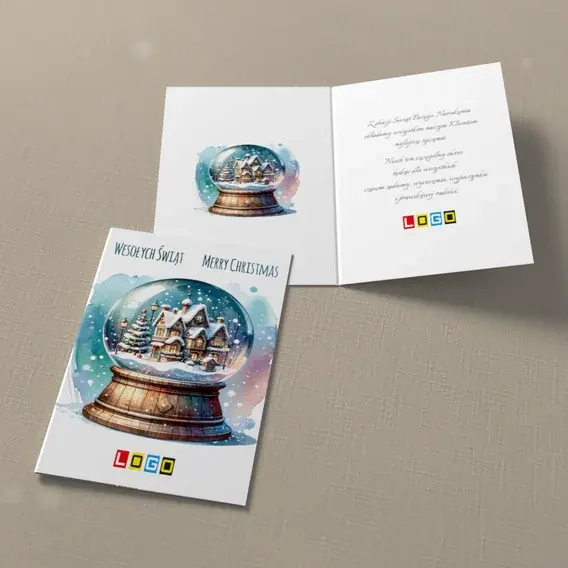 Kartka świąteczna z logo BN1-497 Chata w szklanej kuli, widok ogólny