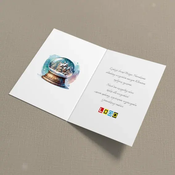 Kartka świąteczna z logo BN1-497 Chata w szklanej kuli, wnętrze