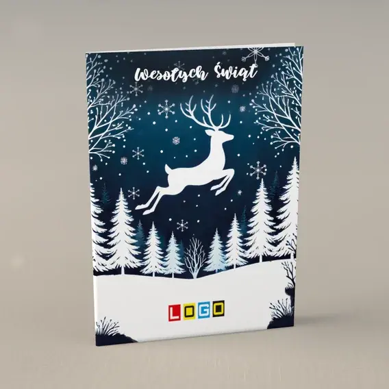 Kartka świąteczna z logo BN1-498 Galop zwierzęcia wśród jasnych świerków, przód