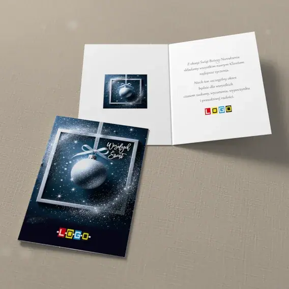 Kartka świąteczna z logo BN1-499 Perłowa kula na wstędze, widok ogólny