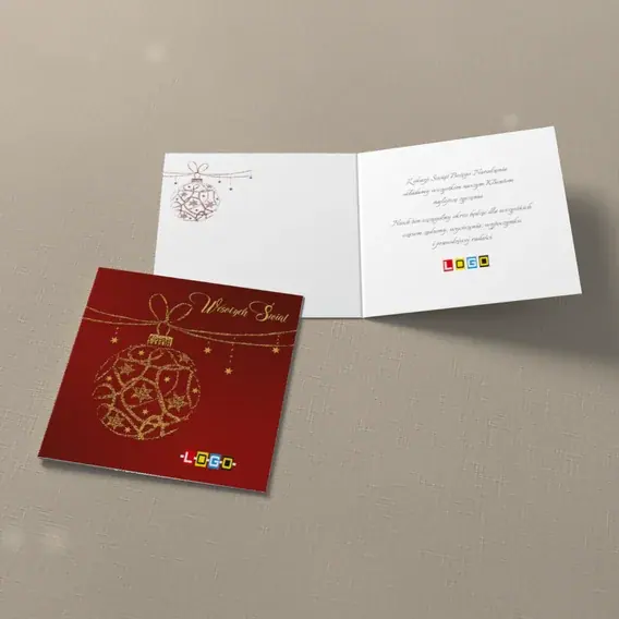 Kartka świąteczna z logo BN2-001 Koronkowa kula na czerwieni, widok ogólny