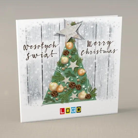 Kartka świąteczna z logo BN2-025 Choinka z dwoma językami, przód