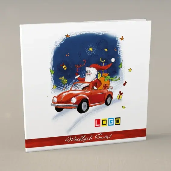 Kartka świąteczna z logo BN2-043 Santa za kółkiem, przód