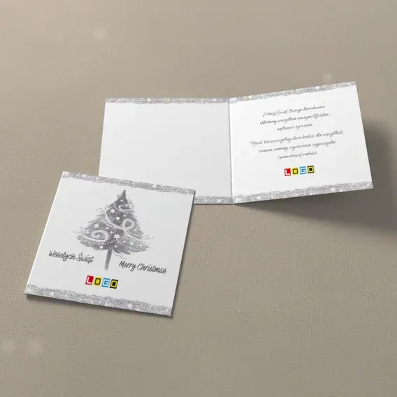 Kartka świąteczna z logo BN2-050 Srebrzysta jodła w zawijasach, widok ogólny