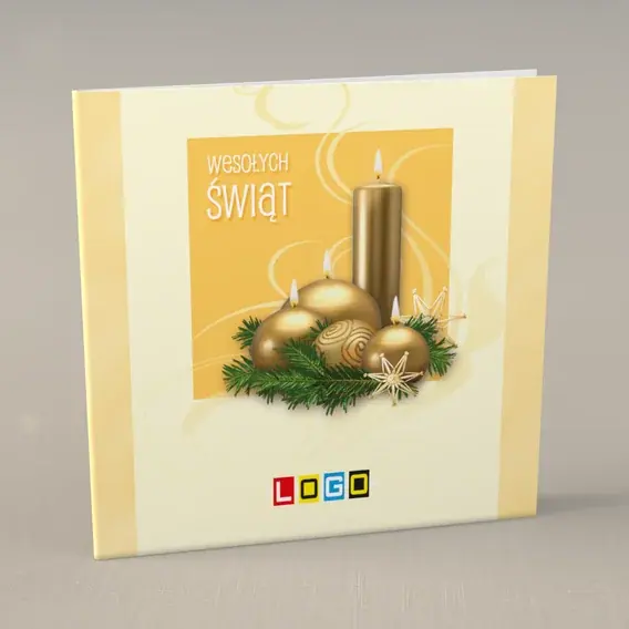 Kartka świąteczna z logo BN2-082 Płomyki i kule w żółci, przód