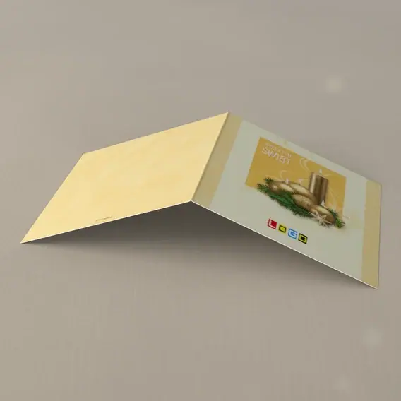 Kartka świąteczna z logo BN2-082 Płomyki i kule w żółci, tył