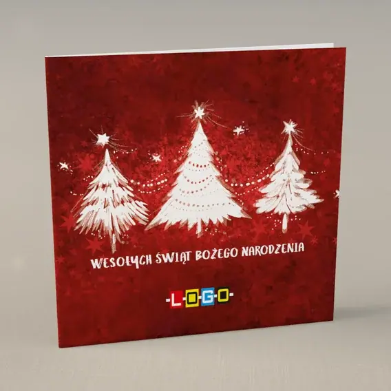 Kartka świąteczna z logo BN2-117 Szkarłat z drzewkami w bieli, przód