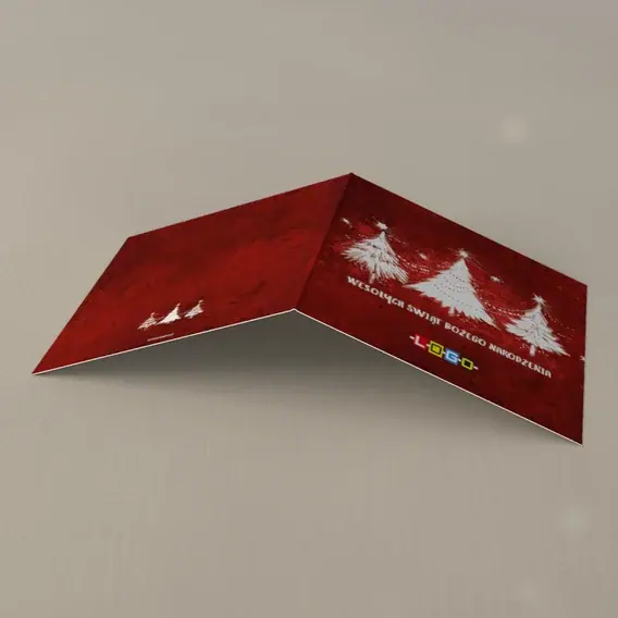 Kartka świąteczna z logo BN2-117 Szkarłat z drzewkami w bieli, tył