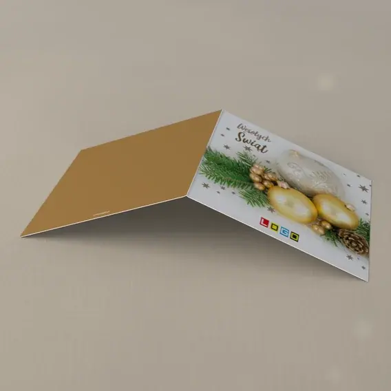 Kartka świąteczna z logo BN2-164 Trzy słoneczne ozdoby po lewej, tył
