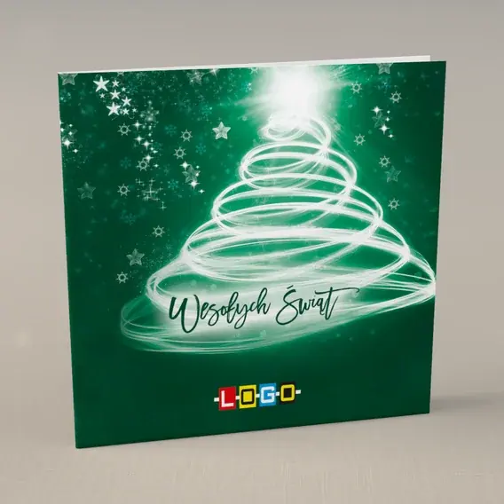 Kartka świąteczna z logo BN2-168 Zielona spirala w płatkach, przód