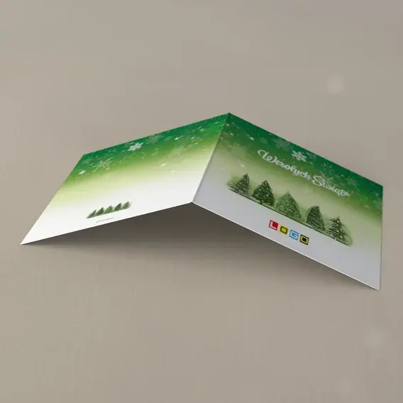 Kartka świąteczna z logo BN2-170 Rząd drzewek na zielonym stoku, tył