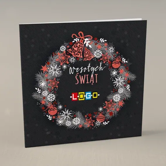 Kartka świąteczna z logo BN2-171 Okrągły stroik na szarym tle, przód