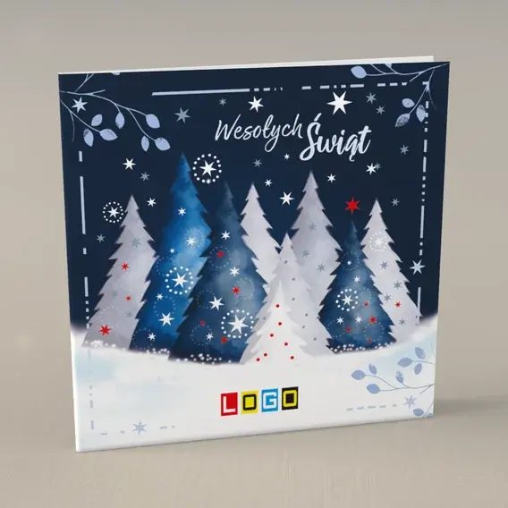 Kartka świąteczna z logo BN2-180 Nocne choinki pod czapą śniegu, przód