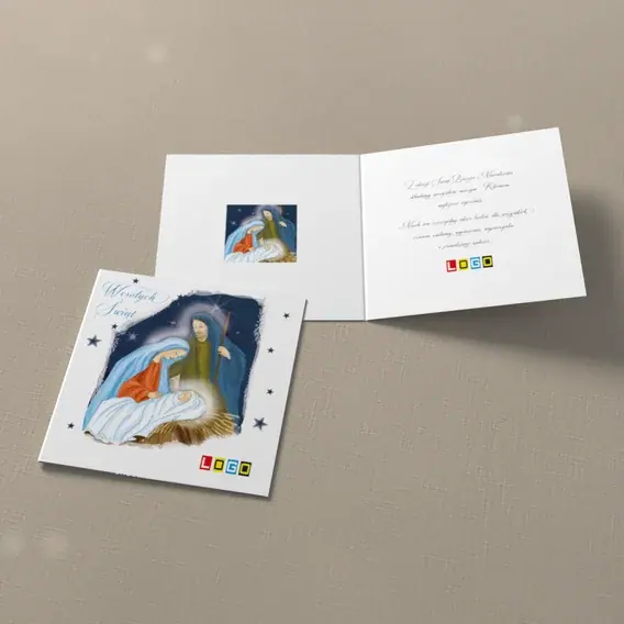 Kartka świąteczna z logo BN2-182 Stajenka w granatowej poświacie, widok ogólny