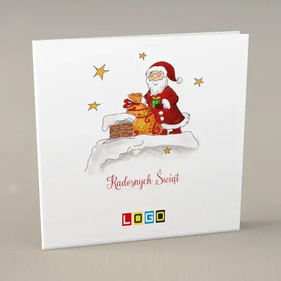 Kartka świąteczna z logo BN2-186 Renifery i czerwony płaszcz, przód