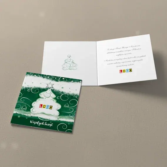 Kartka świąteczna z logo BN2-202 Białe zwoje na leśnej zieleni, widok ogólny