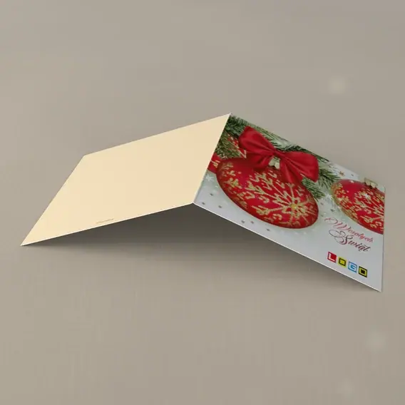 Kartka świąteczna z logo BN2-250 Wstęga na parze ozdób, tył
