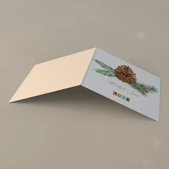 Kartka świąteczna z logo BN2-252 Leśne szyszki na bieli, tył