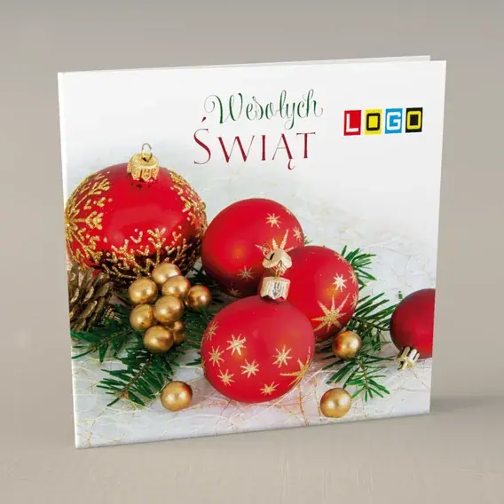 Kartka świąteczna z logo BN2-254 Ornament czerwieni na iglakach, przód