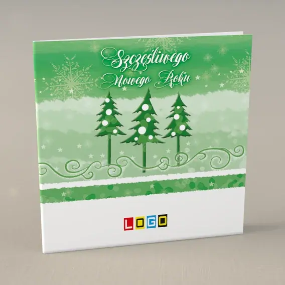 Kartka świąteczna z logo BN2-255 Pędzlowe zielenie i trzy choinki, przód