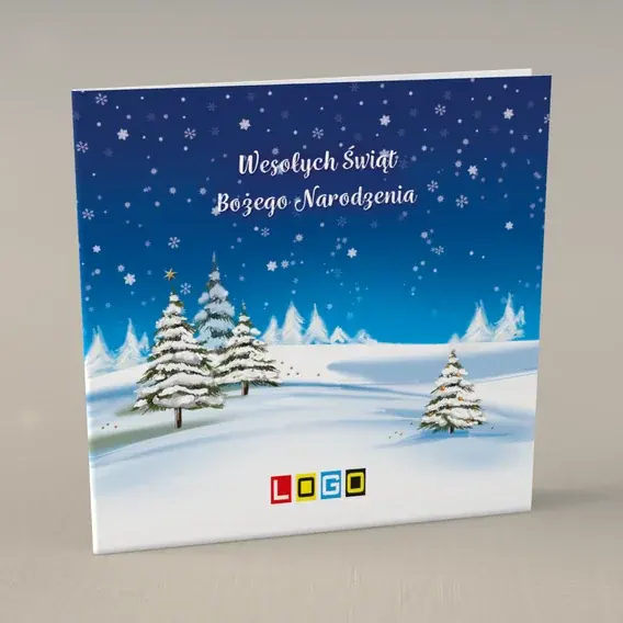 Kartka świąteczna z logo BN2-270 Bielone czuby na nocnym błękicie, przód