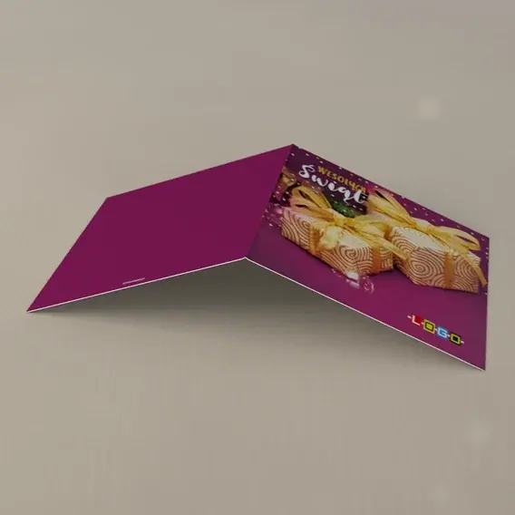 Kartka świąteczna z logo BN2-280 Fioletowa śnieżyca z podarkami, tył