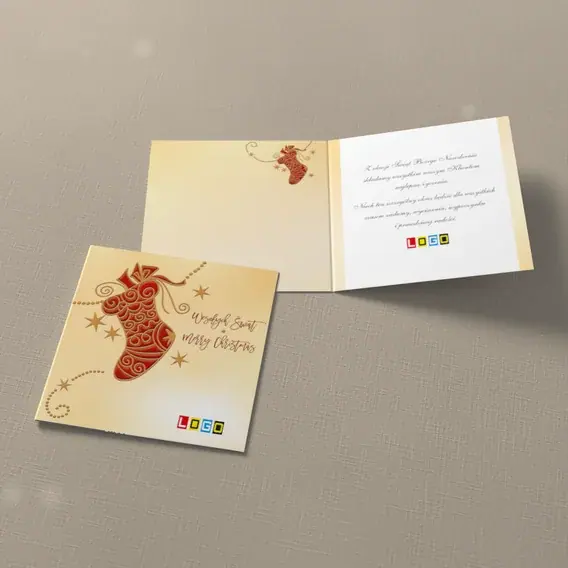 Kartka świąteczna z logo BN2-298 Pończocha w beżowych zdobieniach, widok ogólny