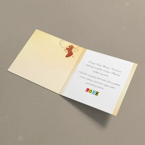 Kartka świąteczna z logo BN2-298 Pończocha w beżowych zdobieniach, wnętrze