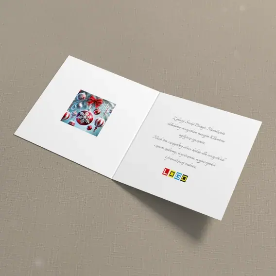 Kartka świąteczna z logo BN2-401 Wstęga spinająca kule w paski, wnętrze