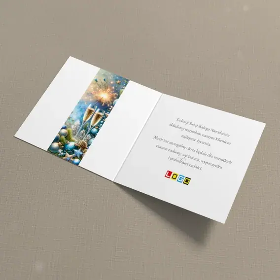 Kartka świąteczna z logo BN2-414 Toast wśród błękitnych kul, wnętrze
