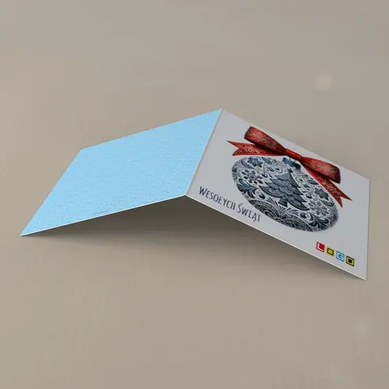 Kartka świąteczna z logo BN2-415 Szkarłatna wstążka i ciemna bombka, tył